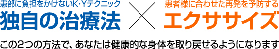 患部に負担をかけないK・Yテクニック独自の治療法 患者様に合わせた再発を予防するエクササイズ この2つの方法で、あなたは健康的な身体を取り戻せるようになります